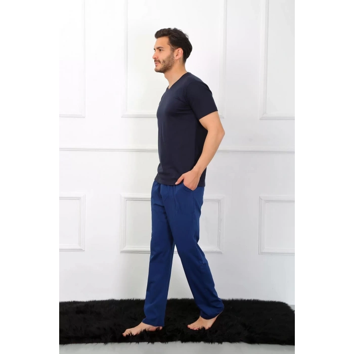 Moda Erkek Penye 3lü Lacivert V Yaka Pijama Takımı