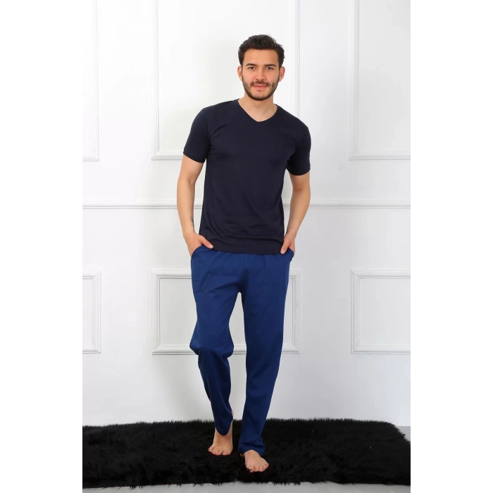 Moda Erkek Penye 3lü Lacivert V Yaka Pijama Takımı