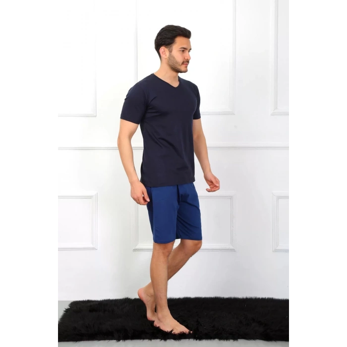 Moda Erkek Penye 3lü Lacivert V Yaka Pijama Takımı