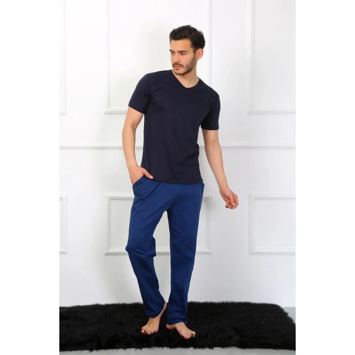 Moda Erkek Penye 3lü Lacivert V Yaka Pijama Takımı