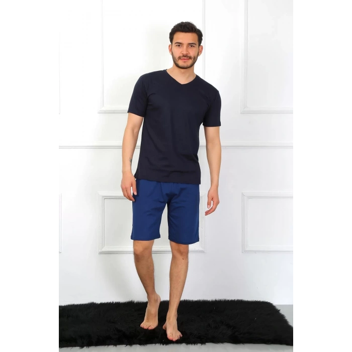 Moda Erkek Penye 3lü Lacivert V Yaka Pijama Takımı