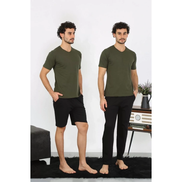 Moda Erkek Penye Haki 3lü Pijama Takımı