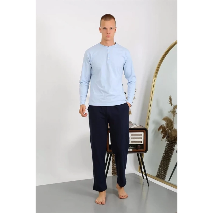 Moda Erkek Penye Uzun Kol Pijama Takımı Buz Mavisi