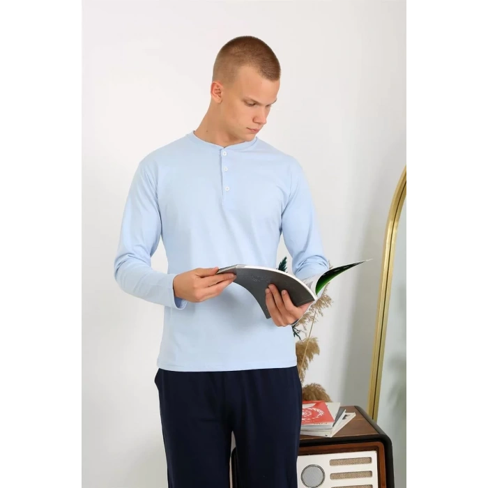 Moda Erkek Penye Uzun Kol Pijama Takımı Buz Mavisi
