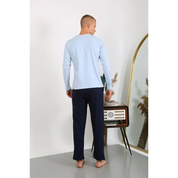 Moda Erkek Penye Uzun Kol Pijama Takımı Buz Mavisi