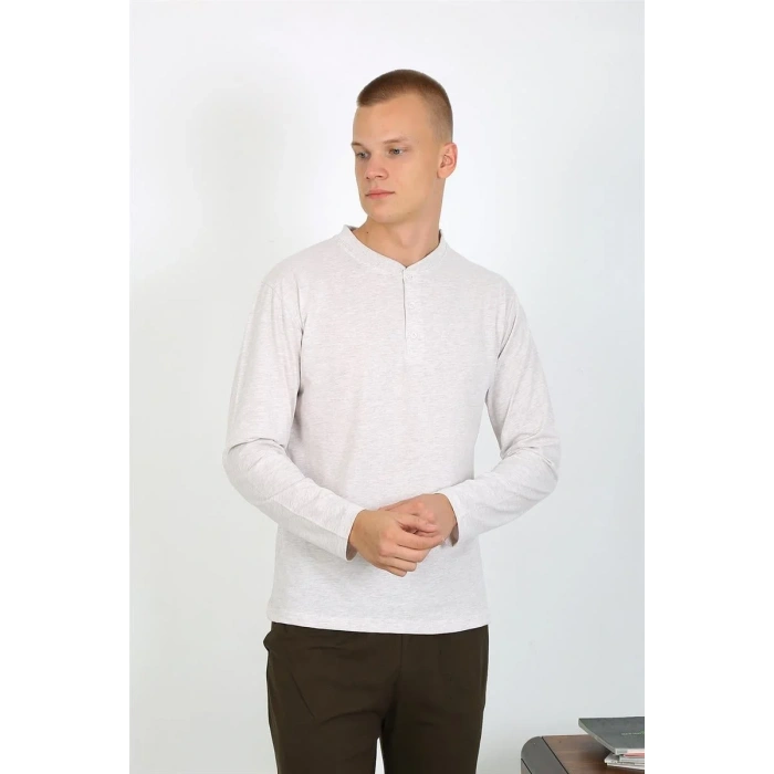 Moda Erkek Penye Uzun Kol Pijama Takımı Ekru