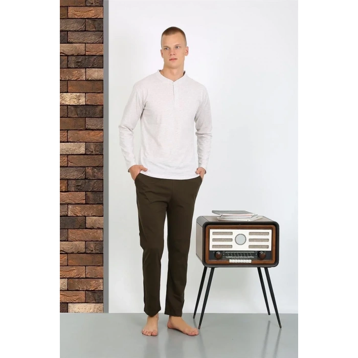 Moda Erkek Penye Uzun Kol Pijama Takımı Ekru