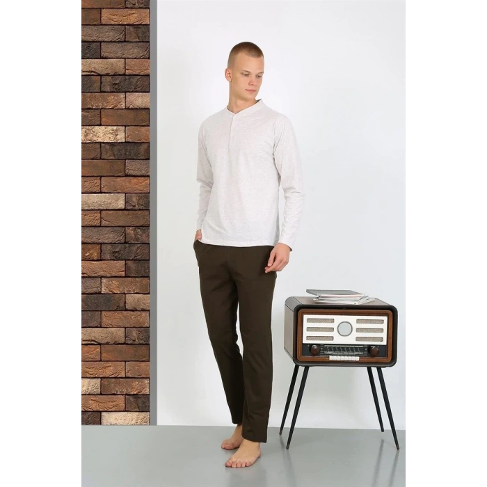 Moda Erkek Penye Uzun Kol Pijama Takımı Ekru