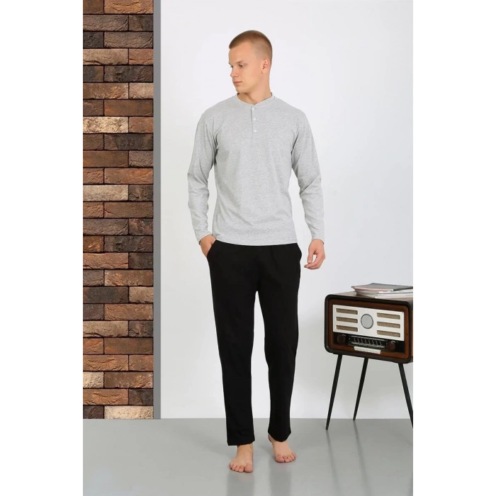 Moda Erkek Penye Uzun Kol Pijama Takımı GRİ