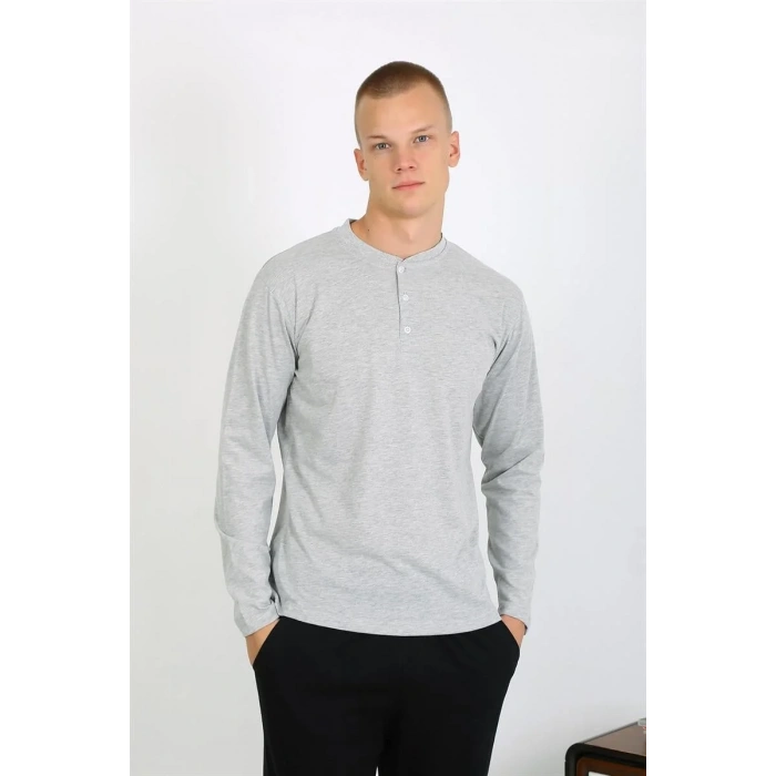 Moda Erkek Penye Uzun Kol Pijama Takımı GRİ