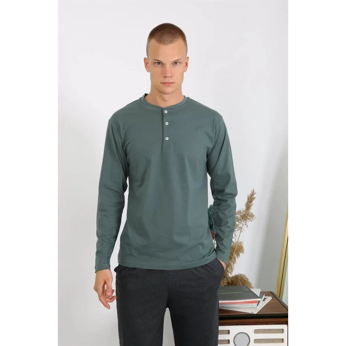 Moda Erkek Penye Uzun Kol Pijama Takımı Haki