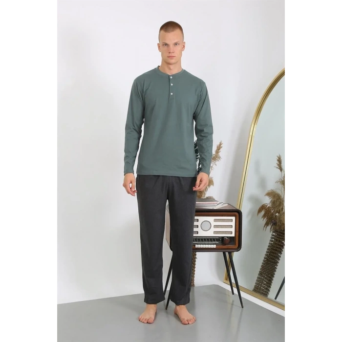 Moda Erkek Penye Uzun Kol Pijama Takımı Haki