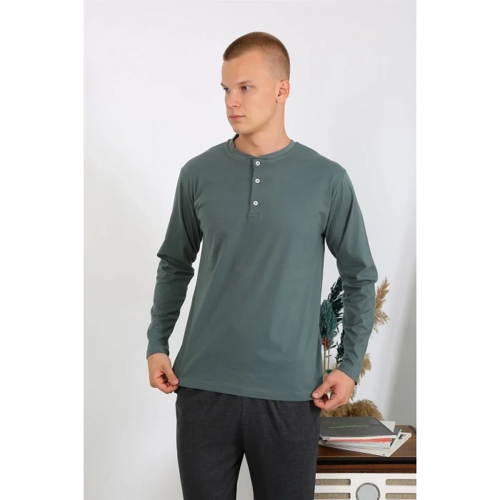 Moda Erkek Penye Uzun Kol Pijama Takımı Haki