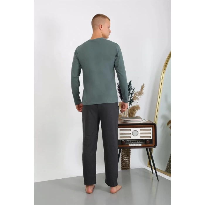 Moda Erkek Penye Uzun Kol Pijama Takımı Haki