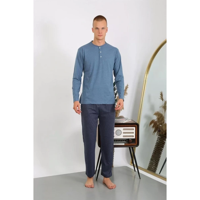 Moda Erkek Penye Uzun Kol Pijama Takımı İndigo