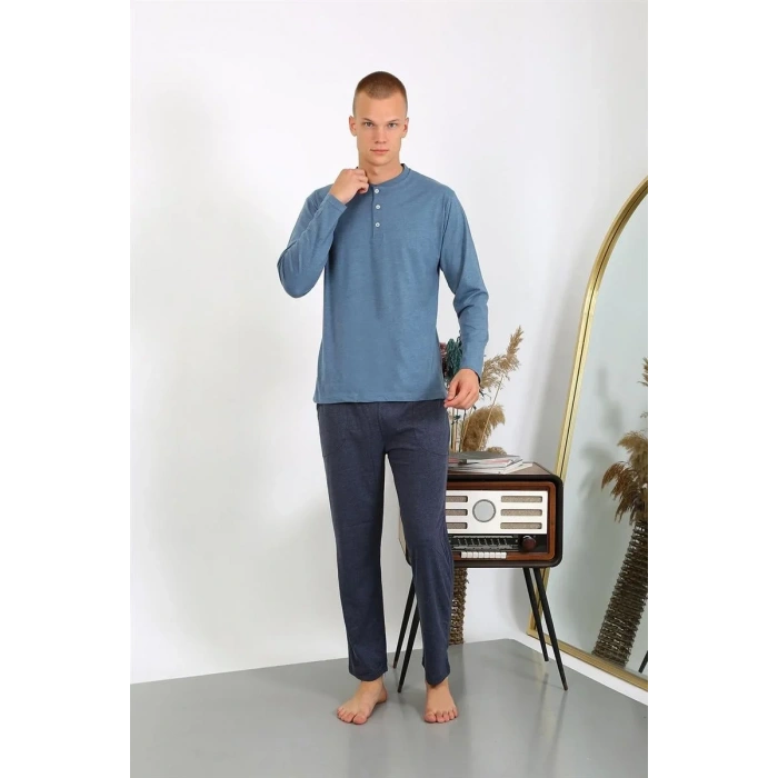 Moda Erkek Penye Uzun Kol Pijama Takımı İndigo