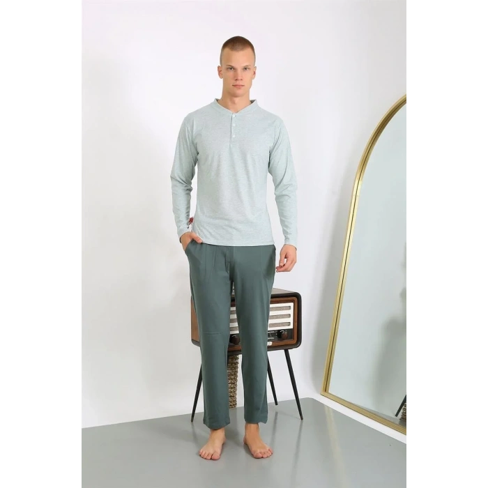 Moda Erkek Penye Uzun Kol Pijama Takımı Su Yeşili