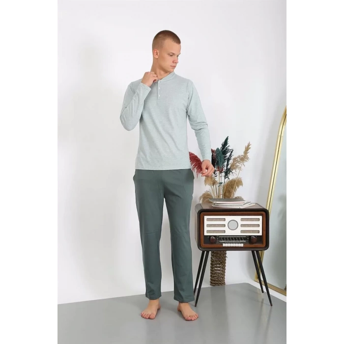 Moda Erkek Penye Uzun Kol Pijama Takımı Su Yeşili