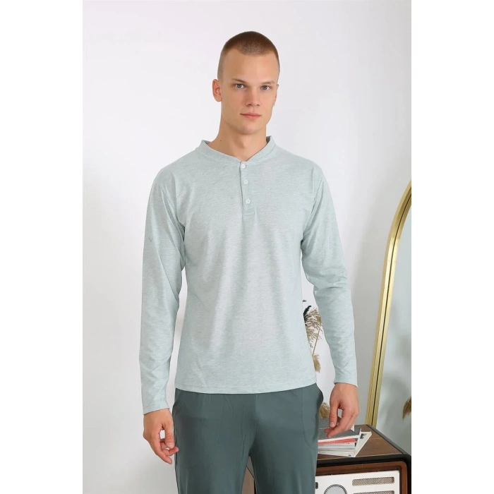Moda Erkek Penye Uzun Kol Pijama Takımı Su Yeşili