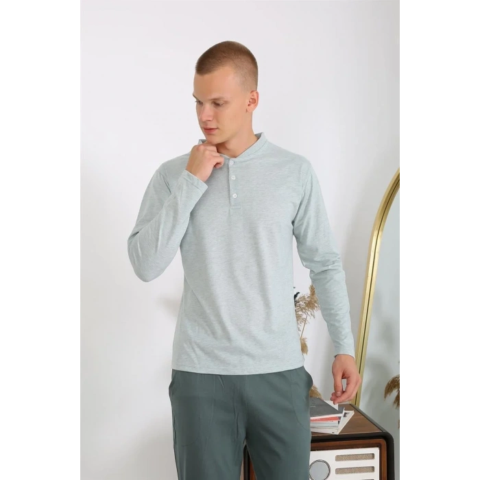 Moda Erkek Penye Uzun Kol Pijama Takımı Su Yeşili