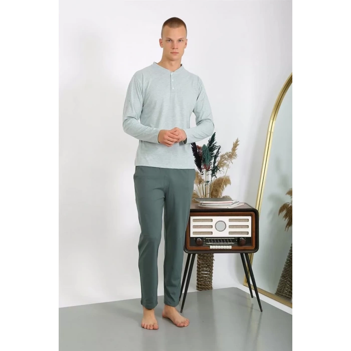 Moda Erkek Penye Uzun Kol Pijama Takımı Su Yeşili