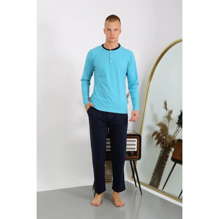 Moda Erkek Penye Uzun Kol Pijama Takımı Turkuaz
