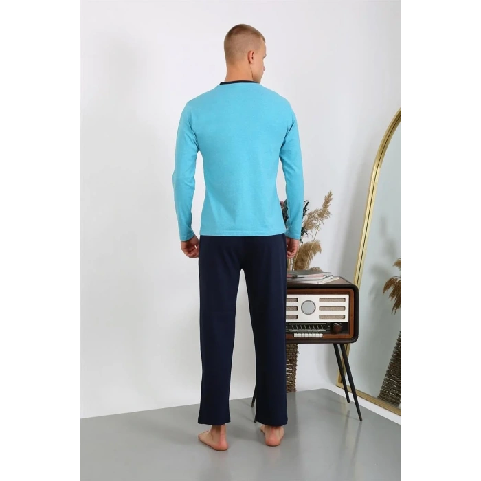 Moda Erkek Penye Uzun Kol Pijama Takımı Turkuaz