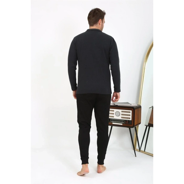 Moda Erkek Polo Yaka Uzun Kol Penye Pijama Takımı Antrasit