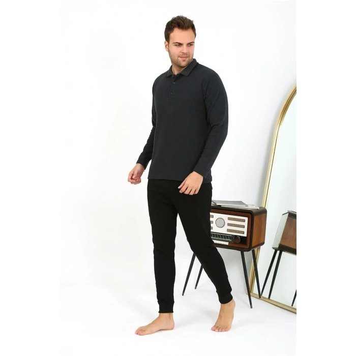 Moda Erkek Polo Yaka Uzun Kol Penye Pijama Takımı Antrasit