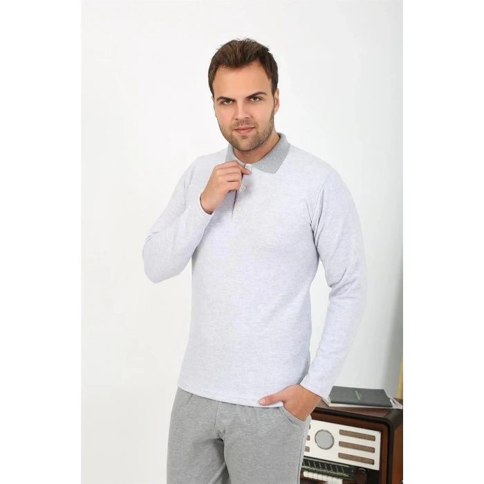 Moda Erkek Polo Yaka Uzun Kol Penye Pijama Takımı Gri