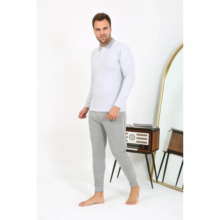 Moda Erkek Polo Yaka Uzun Kol Penye Pijama Takımı Gri