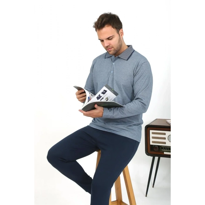 Moda Erkek Polo Yaka Uzun Kol Penye Pijama Takımı Gri