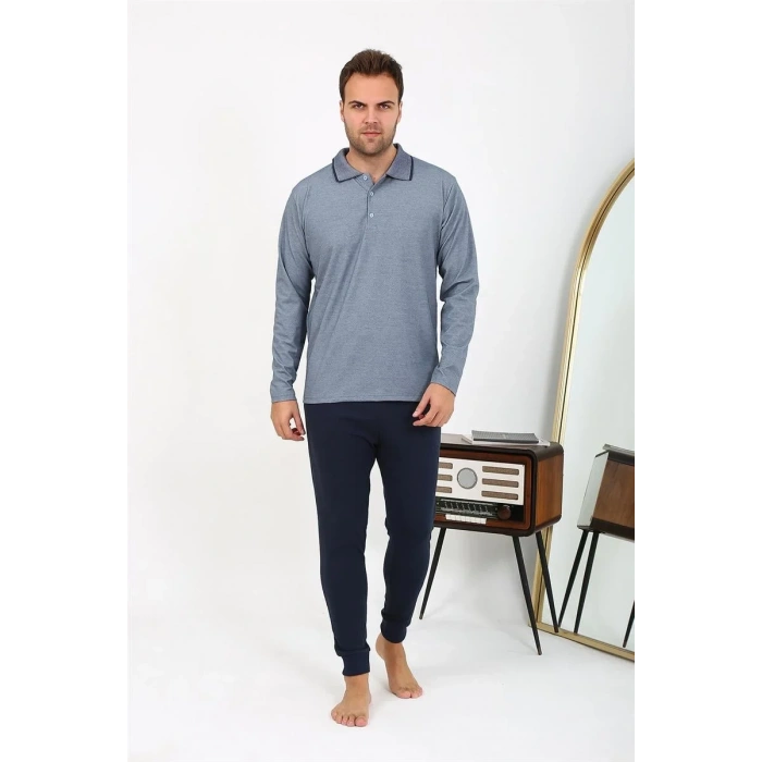 Moda Erkek Polo Yaka Uzun Kol Penye Pijama Takımı Gri