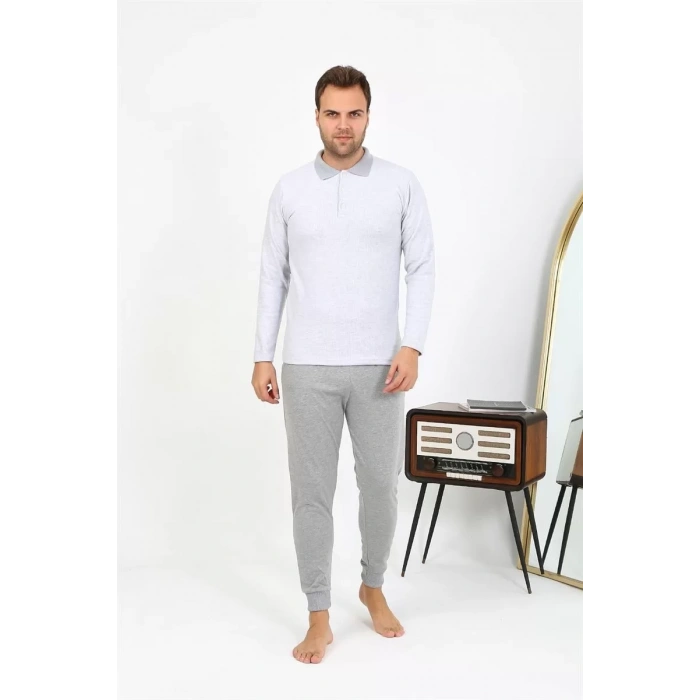 Moda Erkek Polo Yaka Uzun Kol Penye Pijama Takımı Gri