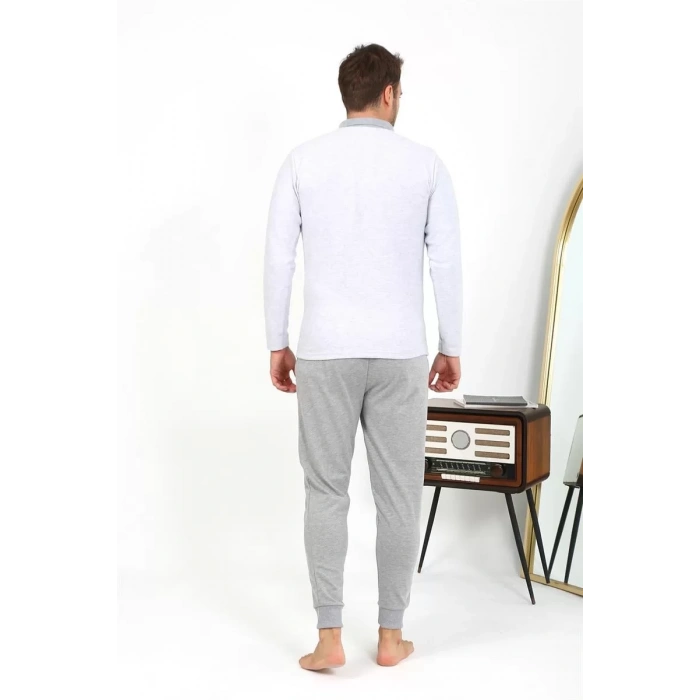 Moda Erkek Polo Yaka Uzun Kol Penye Pijama Takımı Gri