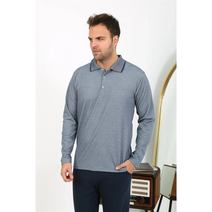 Moda Erkek Polo Yaka Uzun Kol Penye Pijama Takımı Gri