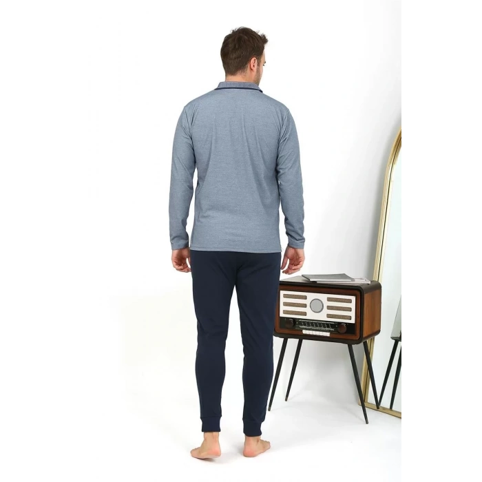 Moda Erkek Polo Yaka Uzun Kol Penye Pijama Takımı Gri