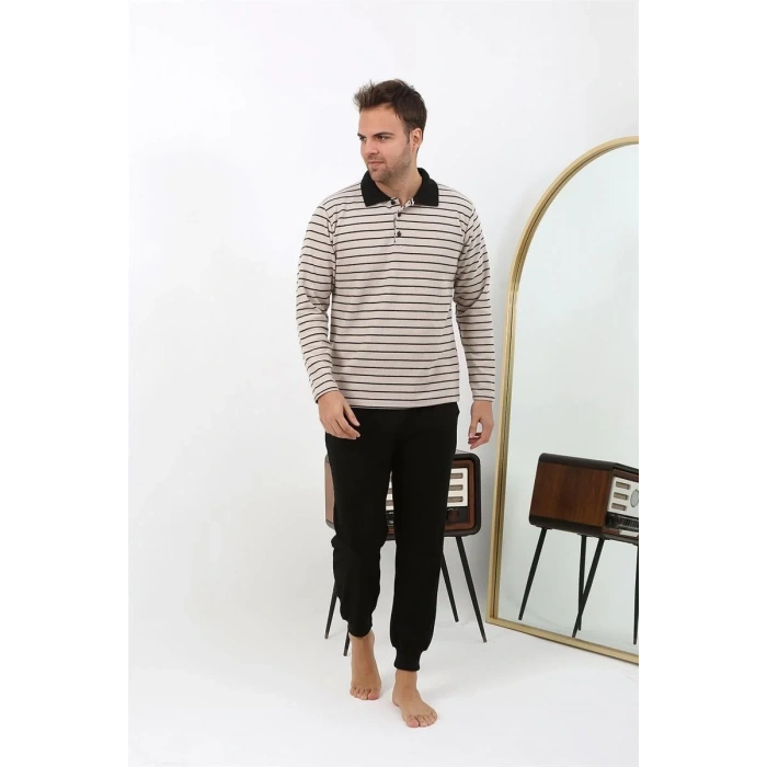 Moda Erkek Polo Yaka Uzun Kol Penye Pijama Takımı Krem