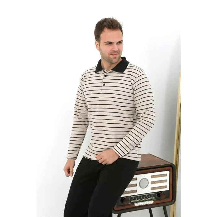 Moda Erkek Polo Yaka Uzun Kol Penye Pijama Takımı Krem