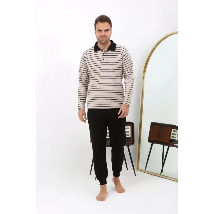 Moda Erkek Polo Yaka Uzun Kol Penye Pijama Takımı Krem