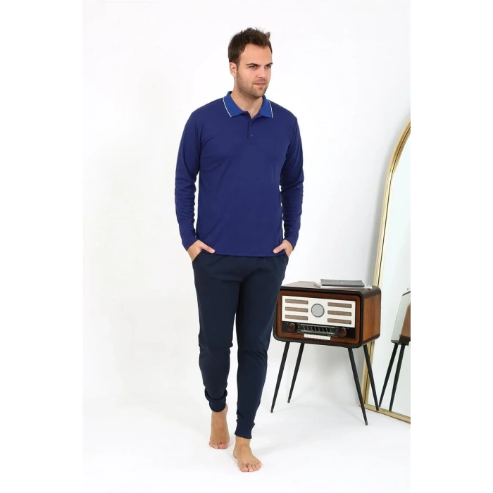 Moda Erkek Polo Yaka Uzun Kol Penye Pijama Takımı Lacivert