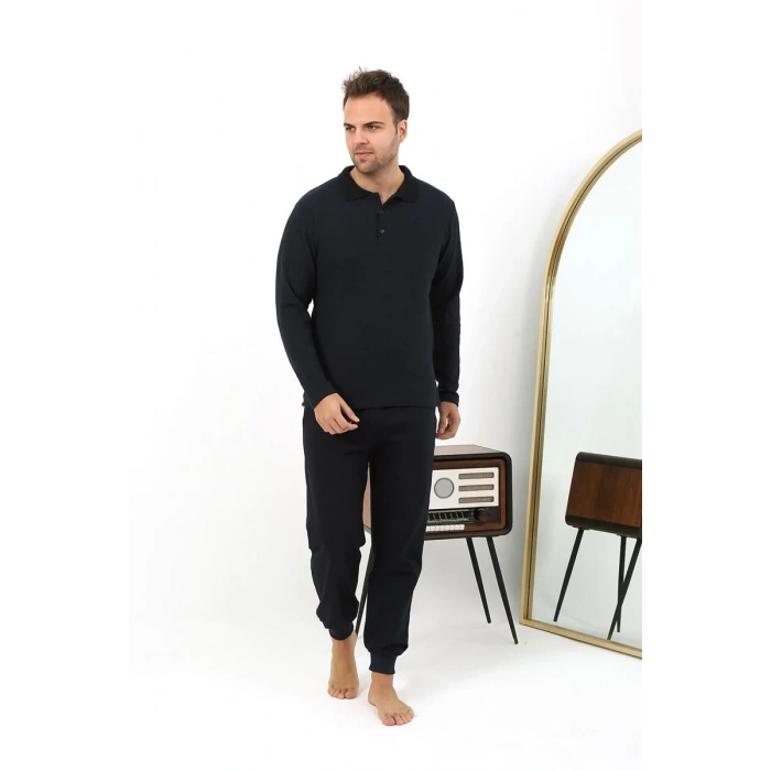 Moda Erkek Polo Yaka Uzun Kol Penye Pijama Takımı Lacivert
