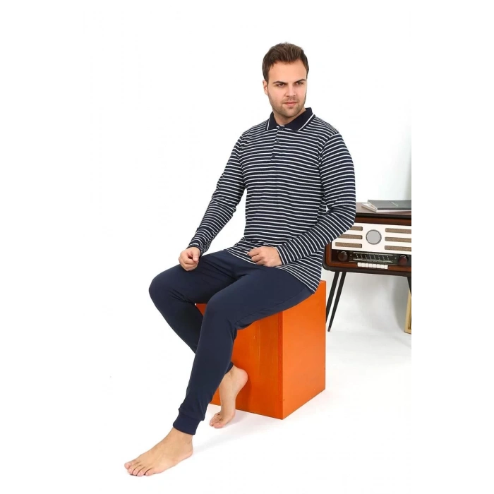 Moda Erkek Polo Yaka Uzun Kol Penye Pijama Takımı Lacivert