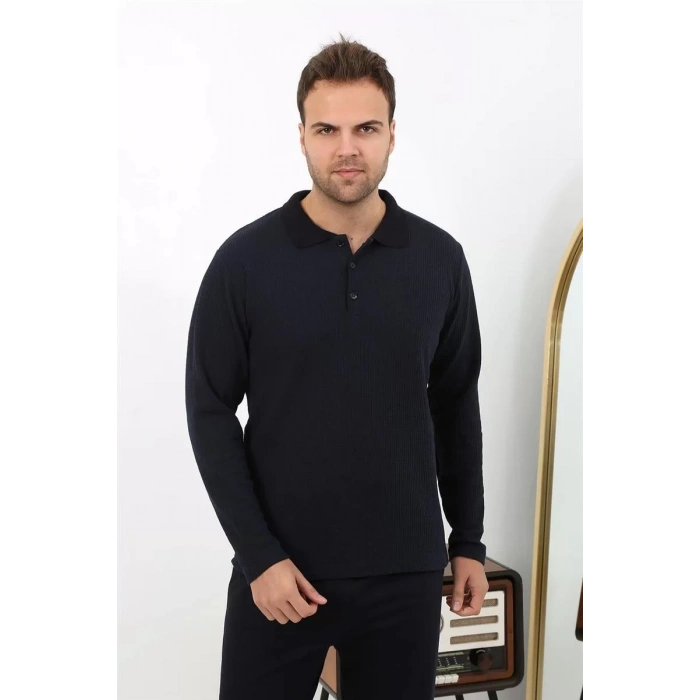 Moda Erkek Polo Yaka Uzun Kol Penye Pijama Takımı Lacivert