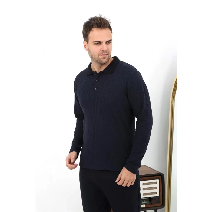 Moda Erkek Polo Yaka Uzun Kol Penye Pijama Takımı Lacivert