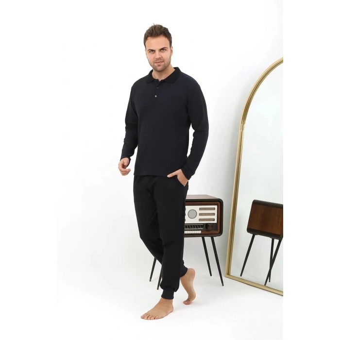 Moda Erkek Polo Yaka Uzun Kol Penye Pijama Takımı Lacivert