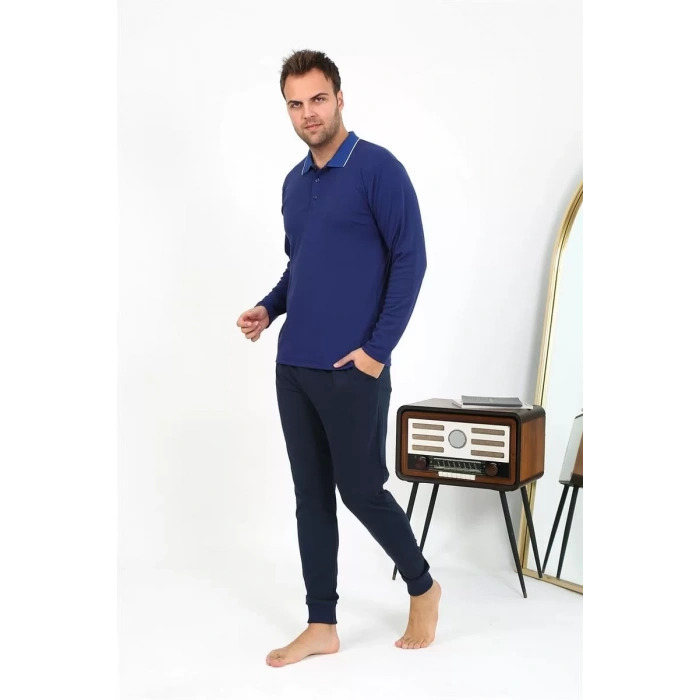 Moda Erkek Polo Yaka Uzun Kol Penye Pijama Takımı Lacivert