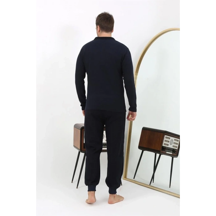 Moda Erkek Polo Yaka Uzun Kol Penye Pijama Takımı Lacivert