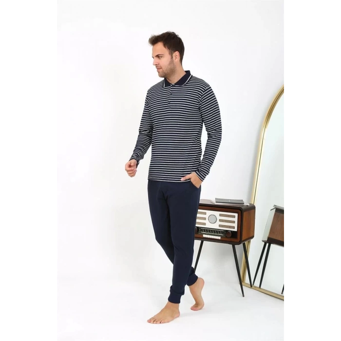 Moda Erkek Polo Yaka Uzun Kol Penye Pijama Takımı Lacivert
