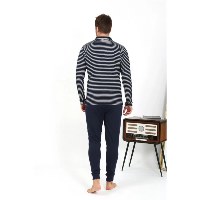 Moda Erkek Polo Yaka Uzun Kol Penye Pijama Takımı Lacivert